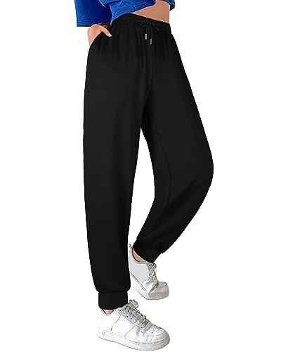 ASIMOON Sweatpants Women with Pockets Loose Lightweight Stretch Yoga Lounge Pants Comfy Drawstring Workout Jogging Pants Black Size M