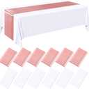 Tudomro 12 Pcs White and Rose Gold Disposable Plastic Tablecloths and Satin Table Runner Set, 54 x 108 Inch Tablecloth, 12 x 108 Inch Table Runners for Wedding Baby Shower Birthday Party