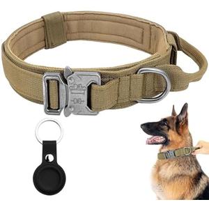 Tactical Military Dog Collar - Adjustable Nylon with Control Handle & Heavy Metal Buckle for Medium & Large Dogs (XL, Brown) with Airtags Case