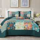 DJY Patchwork Quilt Set Queen Size 3 Pieces Green Plaid Floral Bedspread Coverlet Set, Boho Turquoise Rustic Lightweight Reversible Bedding Quilt for All Season (96''x90'')
