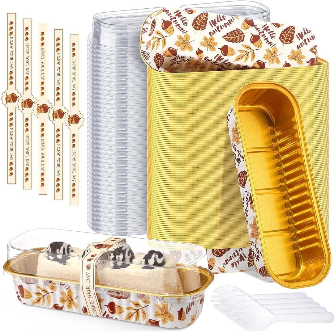 Tioncy 50 Pcs Thanksgiving Mini Pink Loaf Pans with Lids Spoons Sticker Acorn 6.8oz Disposable Rectangle Aluminum Foil Baking Pans Muffin Cupcake Cups for Christmas Picnics Birthday Party Supply