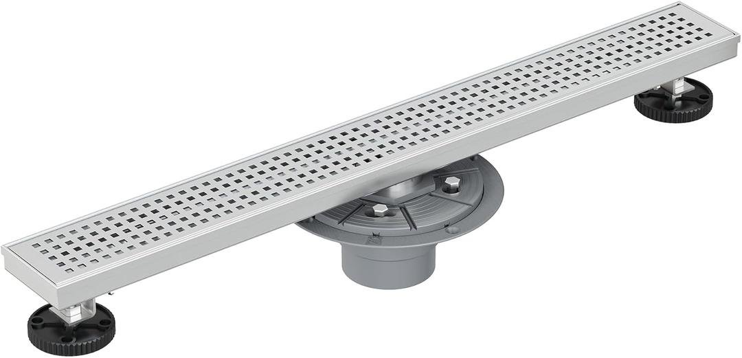 Neodrain 36-Inch Brushed Linear Shower Drain, Stainless Steel Linear Drain with Quadrato Pattern Grate,Brushed Rectangle Shower Floor Drain with Hair Strainer, Shower Drain Base