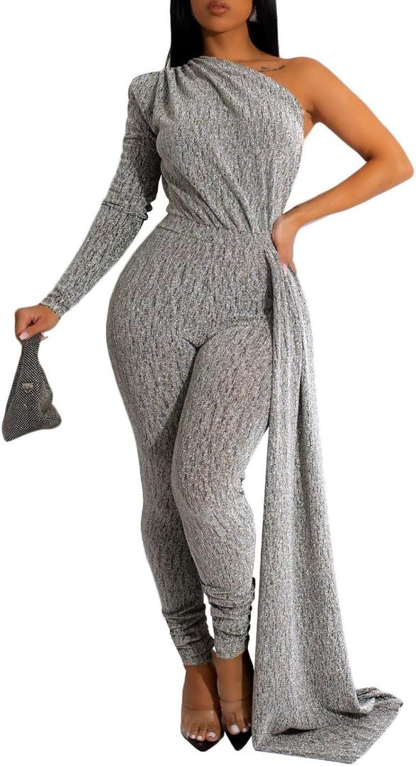 DinyIn Sexy Jumpsuit for Women Elegant for Party, Medium, Silver