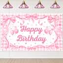 Mocsicka Pink Bow Coquette Birthday Decorations Happy Birthday Backdrop Bow Girls Bachelorette Party Decorations Photo Booth Props (Pink, 6x3.6ft)