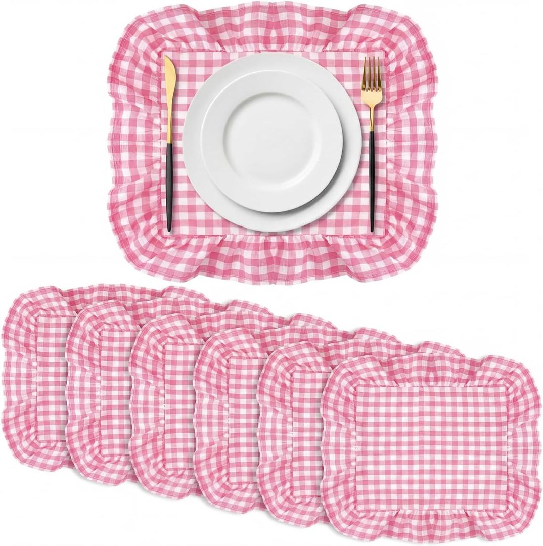 6 Pcs Pink Placemats with Ruffle Gingham Rectangle 14 x 16 Inch Plaid Cotton Placemats Strawberry Party Supplies Spring Wedding Boho Baby Shower Mother's Day Decorative Table Mat Decoration