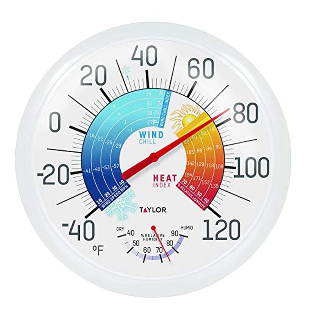Taylor Wind Chill/Heat Index Thermometer & Hygrometer, Indoor Outdoor Wireless Thermometer with Easy to Read Large Numbers for Patio, Pool, and Indoor Areas, 13.25-inch