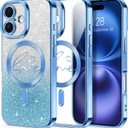 Hython for iPhone 16 Plus Case Glitter, Compatible with MagSafe Love Heart Magnetic Clear Phone Cases for Women Girls, Full Camera Protection Sparkle Plating Shockproof Protective Cover, Light Blue