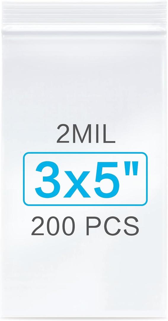 200pcs 3 x 5 inch Plastic Bags, 2 mil Jewelry Bags, Clear Small Zip Bag, Resealable Zip Bag for Small Business, Storage, Candy