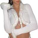 KnniMorning TEES Sexy Women Long Sleeve Tie-up Cardigan Deep V Solid Crop Tops Fur Trim Fashion Knitted Sweaters Large White
