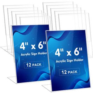 Comix Acrylic Sign Holder 4x6 Inches, 12 Pack L Shape Table Paper Stand | Clear Slanted Black Plastic Display Stand, Vertical Menu Flyer Holder for Cafe, Restaurants, Store Fair, Office, Wedding