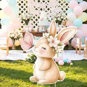 Faccito Bunny Baby Shower Decorations 32 x 28 Inch Spring Easter Bunny Backdrop Cutout Easter Yard Sign with Stakes Outdoor for Birthday Gender Reveal Party Decor