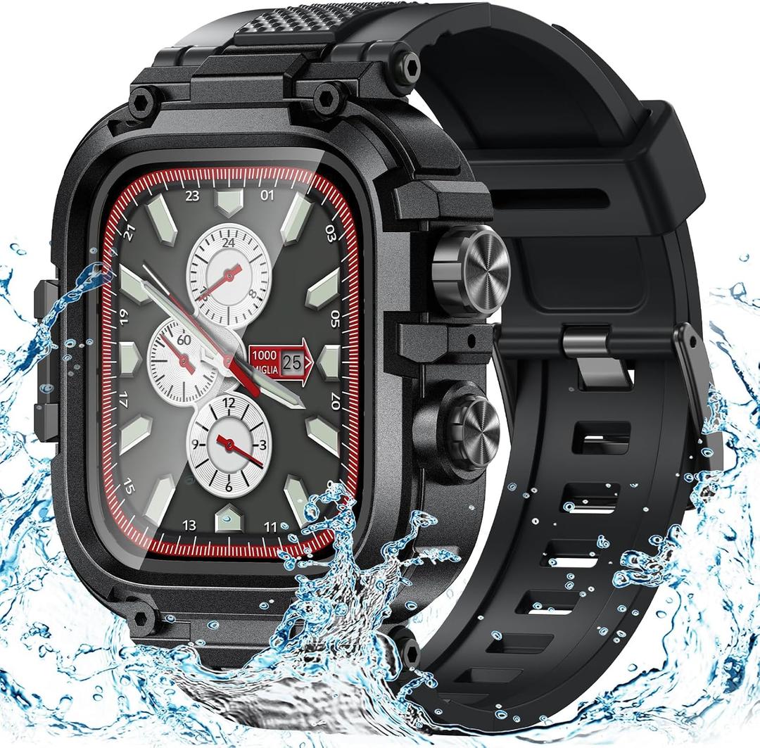 Goton IP68 Waterproof Rugged Band for Apple Watch 46mm/45mm/44mm with Case build-in Screen Protector Heavy Duty Sport Strap Compatible with iWatch Series 11/10/9/8/7/6/5/4/SE