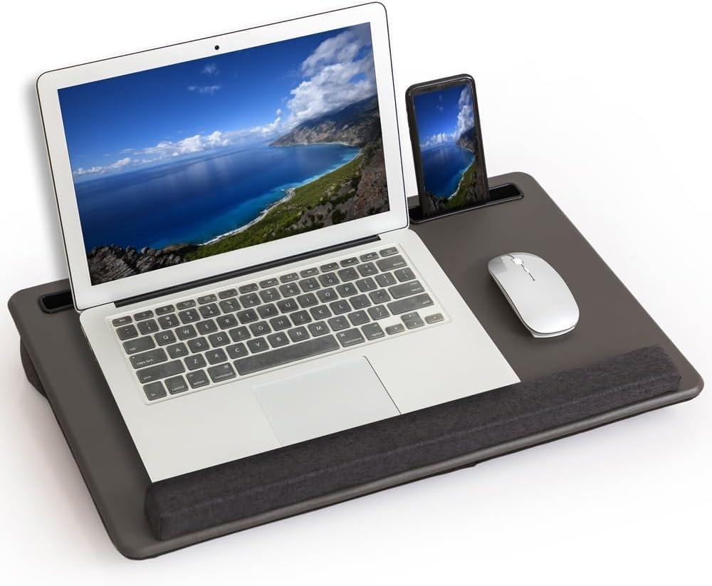 Lap Desk Home Office Lap Desk Portable Laptop Desk for Left Right - Handers with Whole Mouse Pad Wrist Pad Dual Cushion Phone Tablet Slots Fits Up to 17 Inch Laptops (Wood Brown)