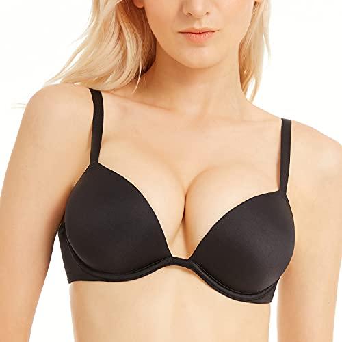 Wingslove Women's Push Up Bra Deep V Plunge Underwire T-Shirt Bra Multiway 2 Cups Up Black, 34DD