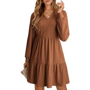Dokotoo Fall Dresses for Women 2025 Long Sleeve V Neck Textured Casual Lightweight Tiered Ruffle A-Line Mini Baby Coll Dress (Brown) X-Large