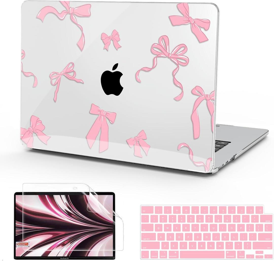 B BELK Compatible with MacBook Air 13 inch Case 2025 2024 2023 2022 M4 M3 M2 A3240 A3113 A2681, Plastic Hard Shell+Keyboard Cover+Screen Protector for MacBook Air 13.6 inch Case, Baby Pink Bowknot