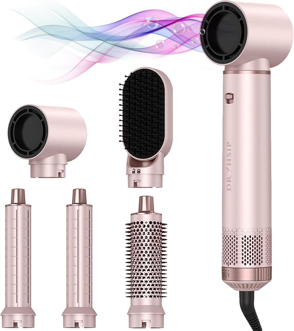 5 in 1 Hot Air Brush - Blow Dryer Brush & Air Curling Wrap Styler with Negative Ion Technology, Hair Dryer Brush for Drying, Curling, Straightening & Styling, Professional Hair Styling Tools (Pink)