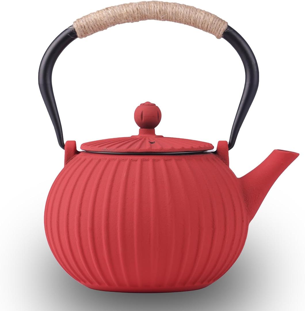 Cast Iron Teapot - Japanese Tetsubin 34oz (1000ml) Enamel Coated Interior with Removable Stainless Steel Infuser, Stovetop Safe Tea Kettle for Tea Ceremony, Red