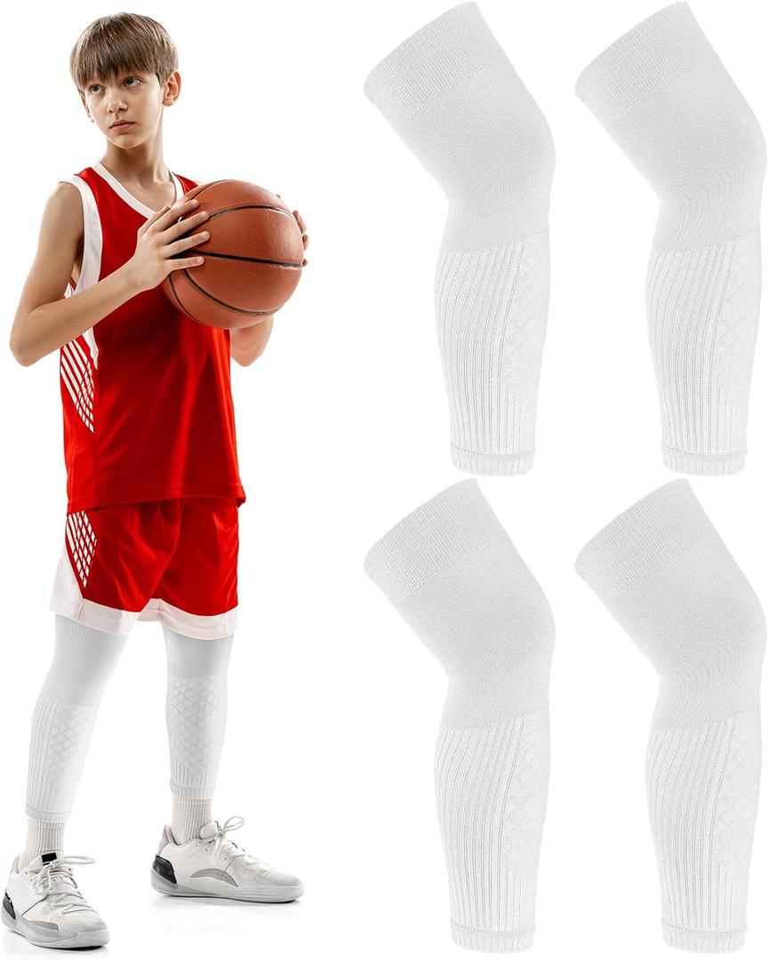 2 Pairs Kid Leg Sleeve Full Leg Compression Sleeves UV for Men Adult Youth Boy Girl Basketball Football Running(Medium,White)