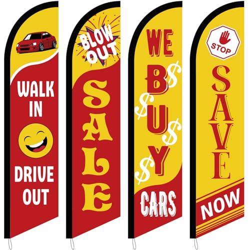 Mindsoft 4 Pack Used Cars Flag Windless Swooper Flag 2.5 x 12 ft Auto Dealer Sale Advertising Supplies, Walk in Drive Out, Blow out Sale, Stop Save Now, We Buy Cars