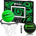 AND1 Over the Door Mini Basketball Hoop: 18x12 Shatterproof Backboard, 2 Mini Basketballs, and Hand Pump Included- Ultimate Indoor Basketball Accessory for Kids and Adults, No Tools Required (Green/Black)
