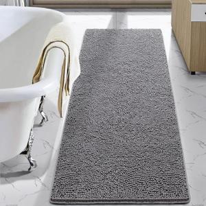 LOCHAS Luxury Bathroom Rug Shaggy Bath Mat 24 x 70 Inch, Washable Non Slip Bath Rugs for Bathroom Shower, Soft Plush Chenille Absorbent Carpets Mats, Gray, 2' X 5'10"