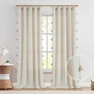 jinchan Linen Curtains with Tassels for Living Room 96 Inches Long Boho Rod Pocket Back Tab Pom Poms Farmhouse Bedroom Semi Sheer 2 Panels Ecru Window Curtain Set, W50 x L96
