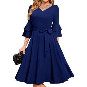 DRESSTELLS Women's Cocktail Dress Summer Wedding Guest Party Vintage 3/4 Bell Sleeve V Neck A-Line Dress (Blue, S)