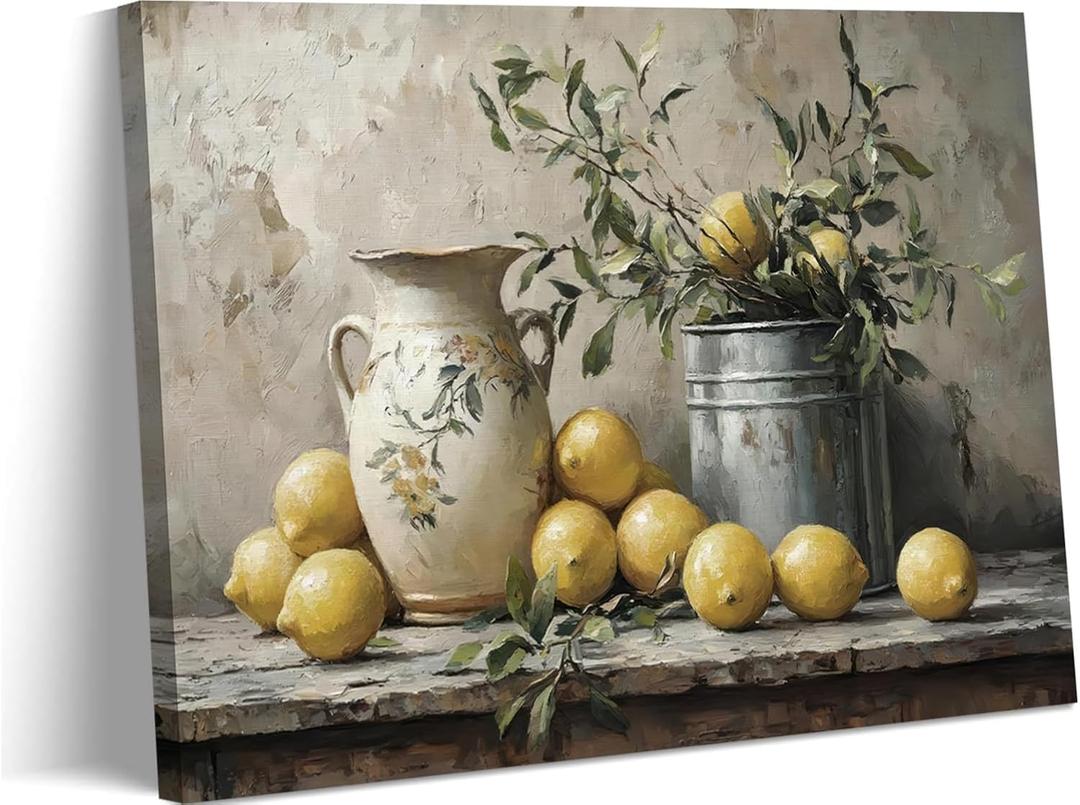 SAQANVAN Vintage Lemons Canvas Wall Art Country Kitchen Wall Decor picture Antique Fruit Painting Prints Farmhouse Still life Artwork for Country Style Home Decoration 24x16in