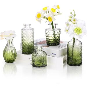 5pcs Green Glass Bud Vase Set, Small Flower Vases for Centerpieces in Bulk, Mini Vintage Vase for Home, Wedding, Table Decor
