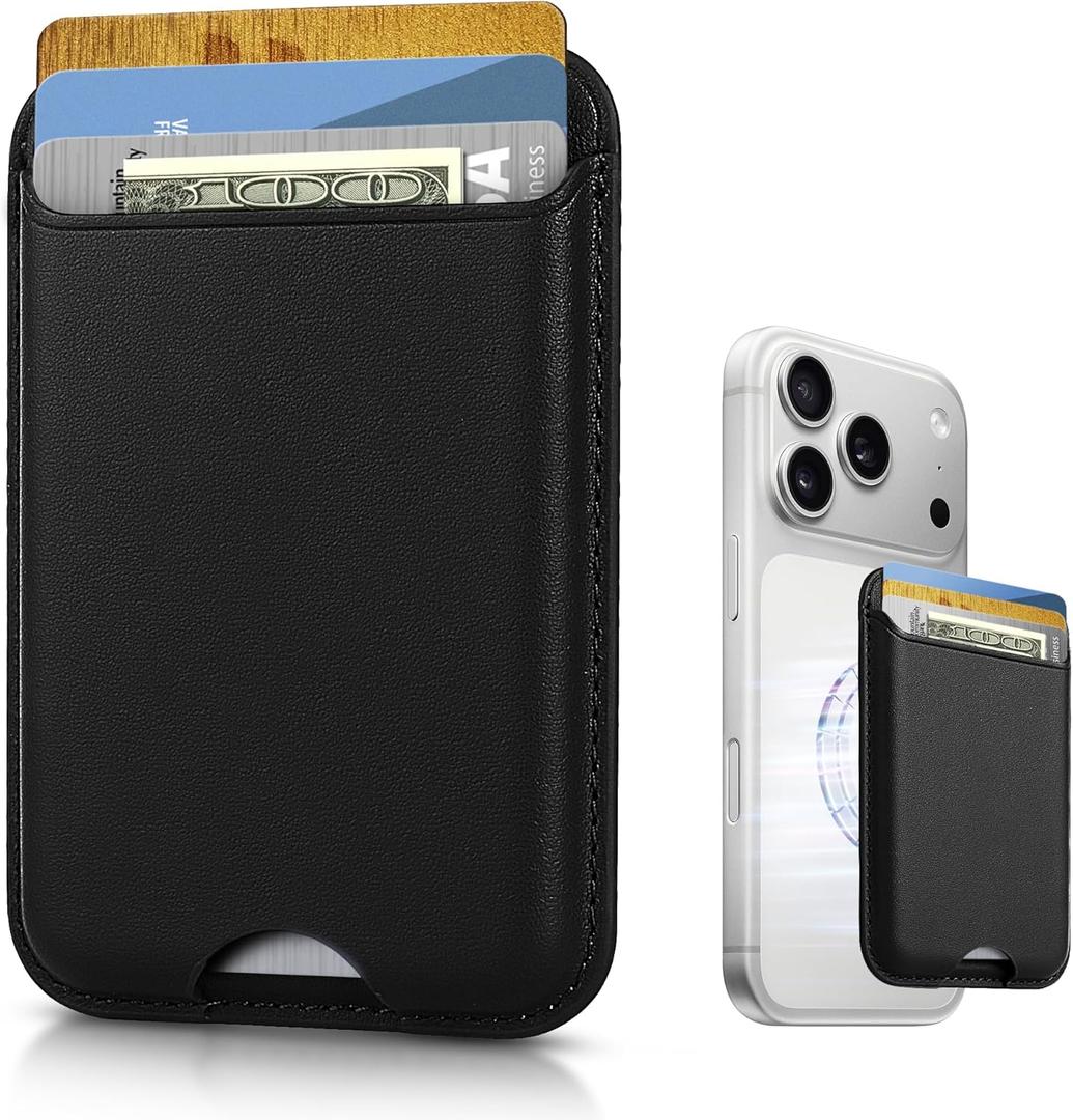 KPNEOL Magnetic Mag-safe Wallet Cell Phone Card Holder for Phone Case with Mag-Safe, Stronger Magnetic RFID Leather Phone Wallet Stick on for iPhone 17/16/15/14/13/12 Series, Black Color