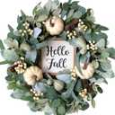20inch Fall Pumpkin Wreath Harvest Green Leaf Hello Fall Sign Wreaths Front Door Back Door Hallway Decorative Wreath Thanksgiving Harvest Festival Celebration