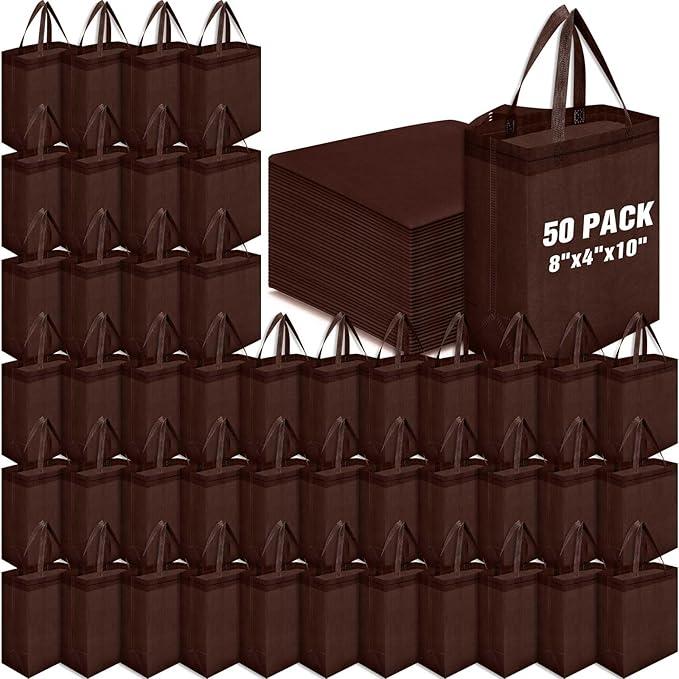 Windyun 50 Pcs Reusable Tote Bag Bulk 8 x 4 x 10 Inch Non Woven Shopping Bag with Handle Christmas Reusable Grocery Gift Tote (Brown)
