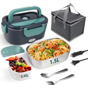 Electric Lunch Box Food Heater, 80W Portable Warmer for Car, Truck, Work with 304 Stainless Steel Container, 12V/24V/110V Green Heated Lunch Box Suitable for Ideal Driver/Work/