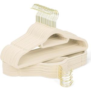 Premium Velvet Hangers 30 Pack with Gold Hooks, Non-Slip, Space Saving Felt Clothes Hangers, Sturdy Slim Flocked Hanger for Dresses, Coats, Tie and Pants(Beige)