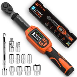 1/4 Torque Wrench Digital, (13.5-265 In-Lb/1.5-30 Nm), 12Pcs Inch Pound Digital Torque Wrench Set with Buzzer & LED Indicator, 1% Accuracy, Sockets & Adapters for for Bike Moto Gunsmithing