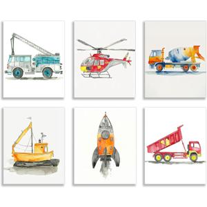 Frimeeme Car Wall Art Boys Room Canvas Wall Decor Nursery Prints - Kids Decor with Airplanes, Rockets & Ships for Boys' Nursery, Bedroom & Playroom 8x10 Inches, Set of 6 Unframed