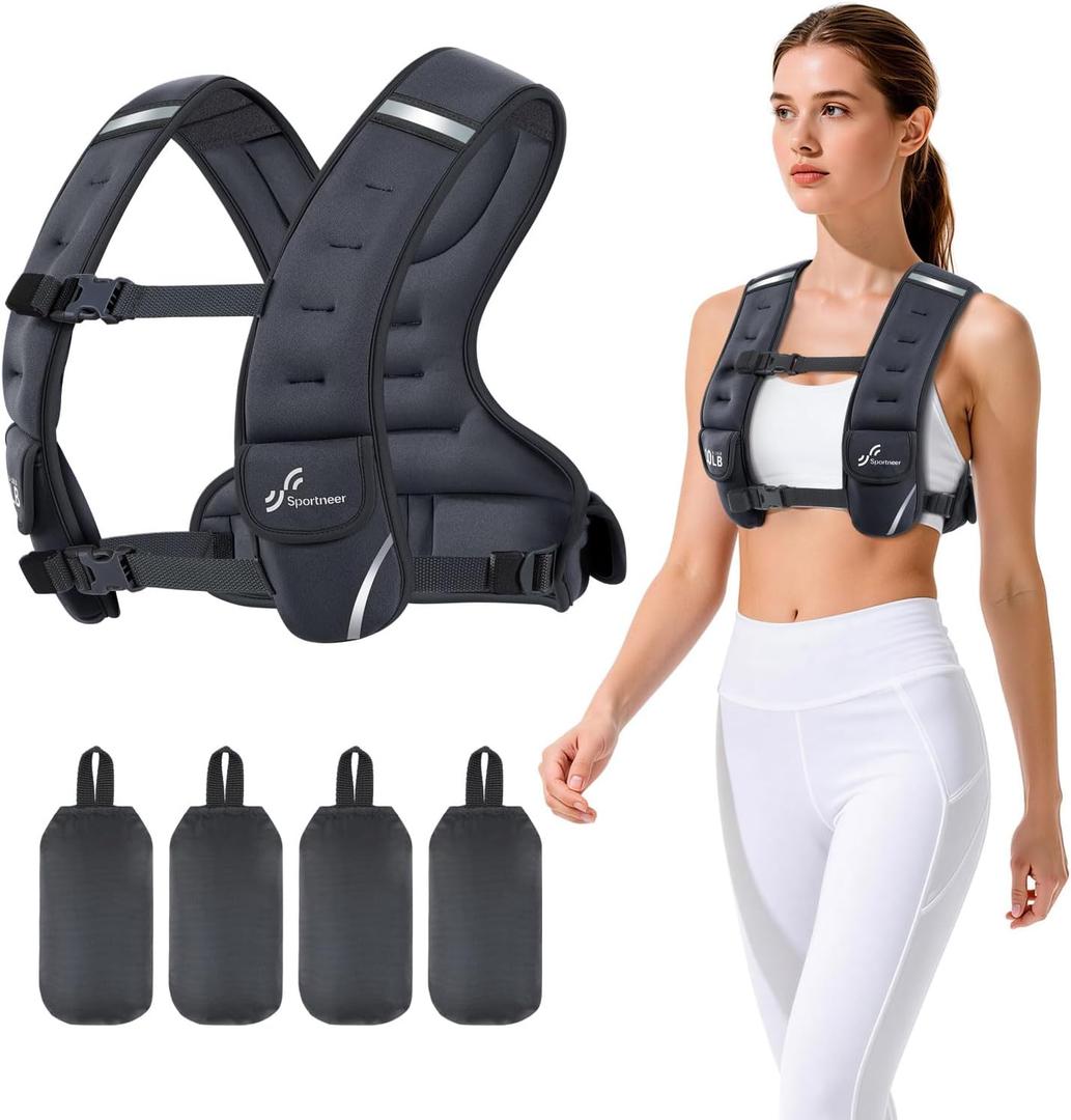 Sportneer Adjustable Weighted Vest Woman: 10lb Weighted Walking Vest for Women with 4 Weight Packs Fast Adjust Comfortable Weight Vest for Home Gym Burn Calories Strength Training Vests Black