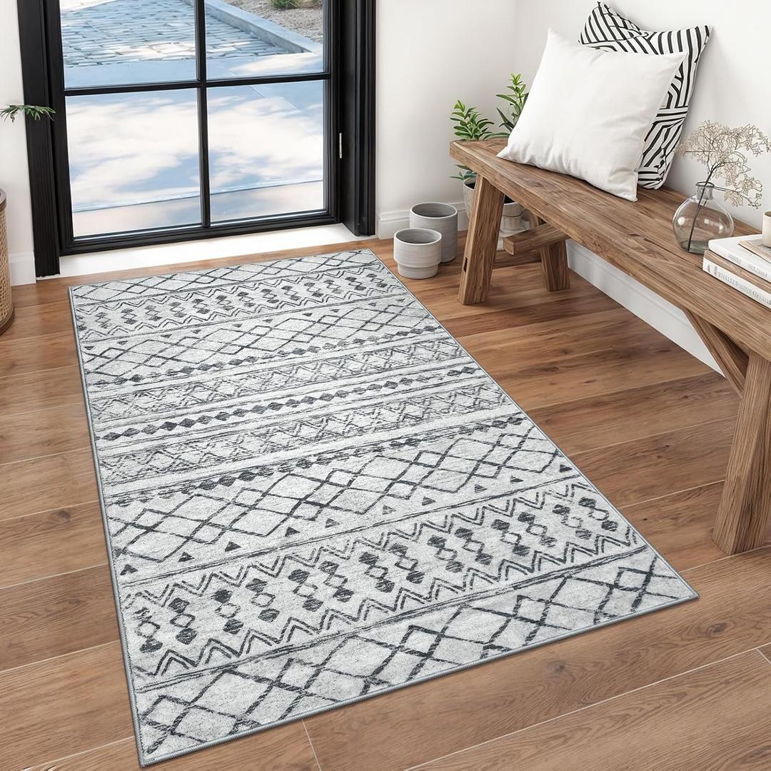 KUTA 3x5 Grey Boho Area Rug for Living Room, Moroccan Washable Kitchen Rugs Non Slip, Ultra Soft Print Distressed Geometric Low-Pile Entry Throw Carpet for Bedroom Nursery Dorm Decor