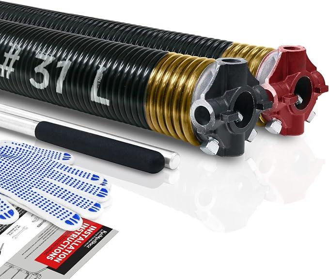 Pair of 2" Garage Door Torsion Springs Set with Non-Slip Winding Bar & Gloves,High Precision Electrophoresis Black Coated, for Replacement & Installation, MIN 16,000 Cycles (0.250x2''x31'')