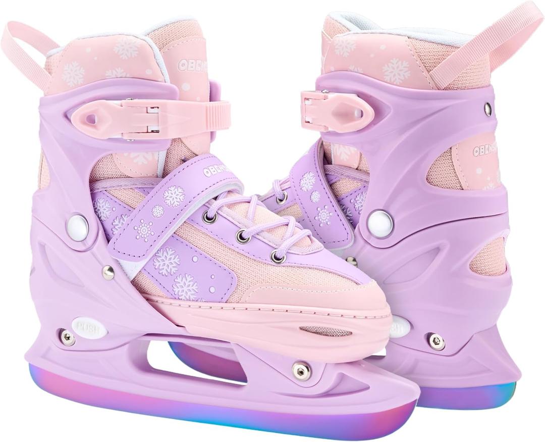 OBENSKY 4 Adjustable Kids Ice Skates for Girls Boys, Blades Iceskates Youth Ages 3-12, Pink & Blue Warm Ice Skating Shoes for Outdoor and Rink, Soft Padding and Reinforced Ankle Support