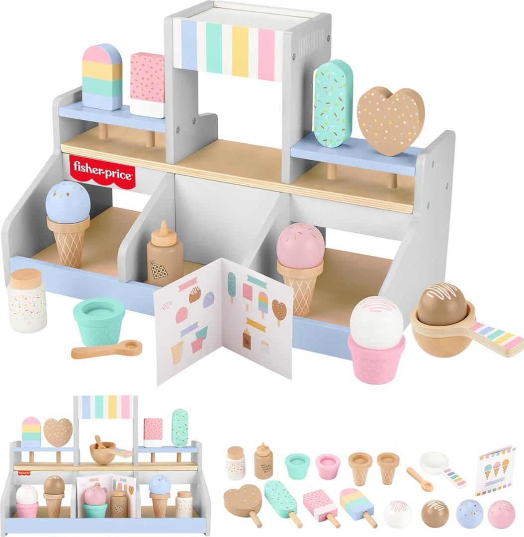 Fisher-Price Preschool Toy Wooden Ice Cream Shop Playset, 18 Wood Pieces for Pretend Play Ages 3+ Years