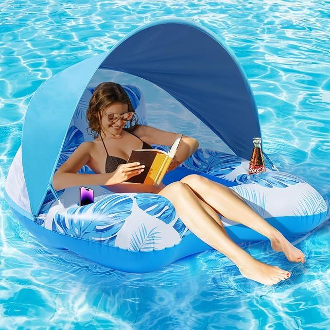 Pool Floats Adult with Canopy, XL Inflatable Pool Floaties for Adults Heavy Duty, Pool Chair and Lounge for Swimming in Pool Beach Lake, Float for Fool Floating with Cup Holder, Backrest