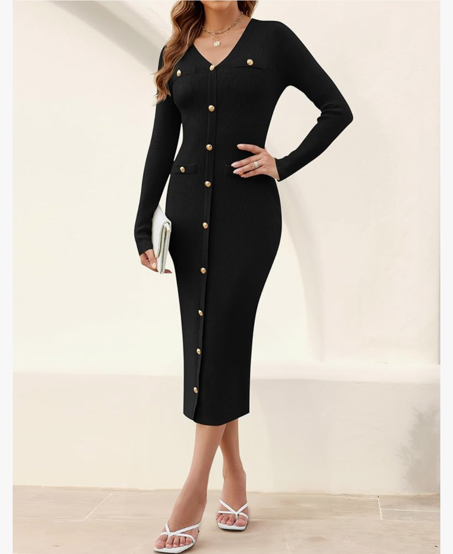 MIROL Women's V-Neck Bodycon Sweater Dress 2025 Fall Long Sleeve Button Down Knit Maxi Dress Elegant Long Dresses L