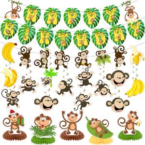 Jungle Monkey Birthday Party Decorations, Monkey Party Decor Supplies Includes Happy Birthday Banner Banana Hanging Swirls Honeycomb Centerpiece