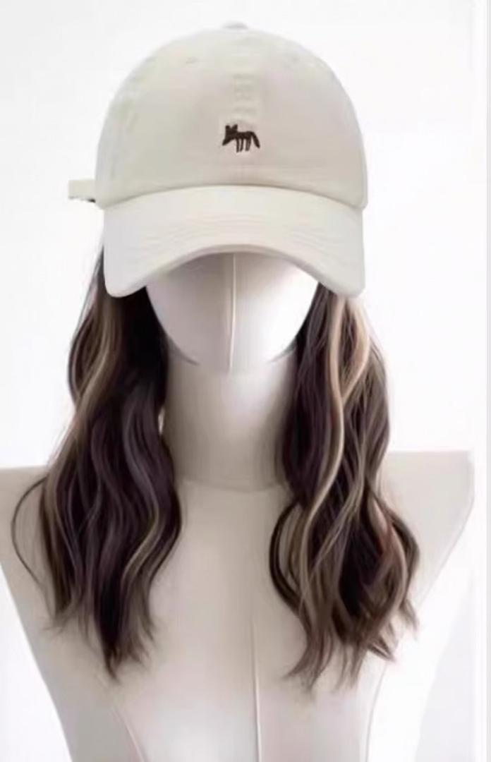 long Brown Highlights Blonde wavy wig wz Beige Baseball Cap Adjustable. 2-in-1