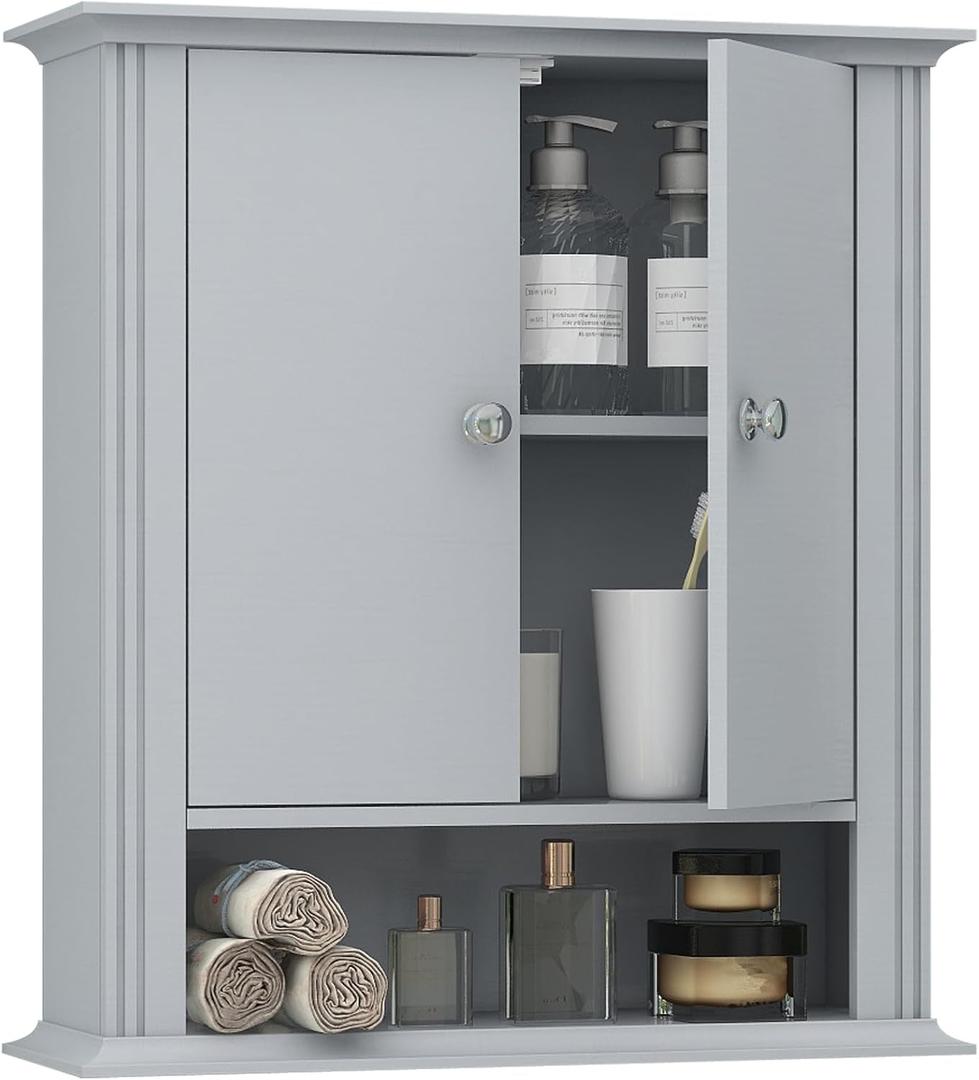 Wall Mounted Wooden Storage Cabinet with 2 Doors, Hanging Wall Cabinet Over Toilet, Upper Cabinet Storage Cupboard for Kitchen Laundry Room, Light Grey