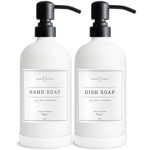 Vine Creations White Glass Soap Dispenser, 2 Pack Kitchen Soap Dispenser Set with Stainless Steel Pump, 16 oz Dish Soap and Hand Soap Dispensers for Bathroom with Waterproof Labels