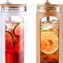 Kodrine 20oz Glass Tumbler with Straw and Lid, Bamboo Lids Water Bottle, Reusable Iced Coffee Cups, Wide Mouth Smoothie Cup with Protective Silicone Sleeve BPA FREE-White+Amber-2pack