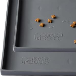 Leash Boss 2 Pack Dog Food Mats for Food and Water Bowls, Thick Waterproof Silicone Pet Feeding Mat for Floors, Extra Tall Raised Edges, Cat and Dog Placemat for Floors, Dishwasher Safe (Grey)